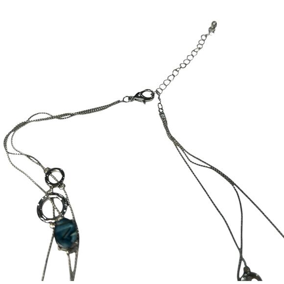 Triple Strand Silver Tone Necklace with Silver Tone Circles and Blue Oval Stones - Picture 3 of 3